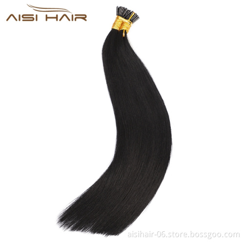 Aisi Hair 10A Unprocessed Silky Straight Human Hair Double Drawn 18 Inch Pre Bonded Black I-Tip Human Hair Extensions